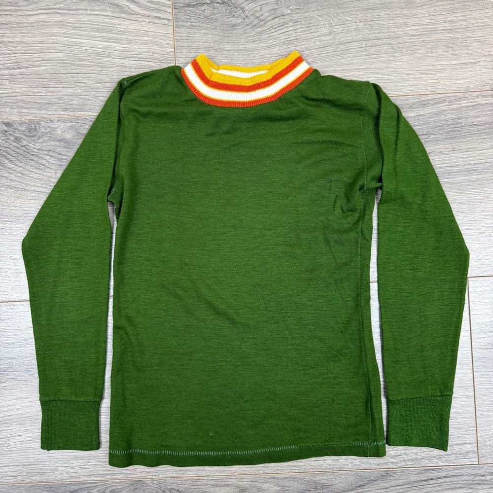 Vtg 60s J.R. Acrilan Knit Sweater Kids Size 10 Green Stripe Trim Unisex USA